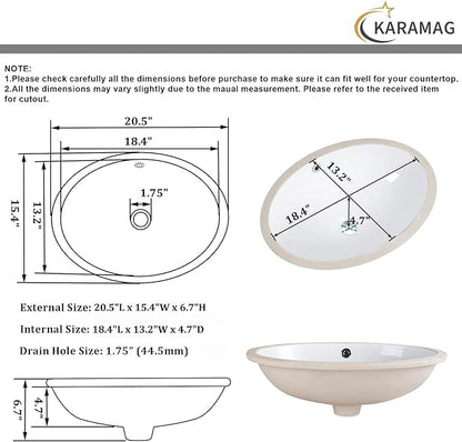 20.5 Inch Undermount Bathroom Sink Oval Undermount Sink White Ceramic Under Counter Bathroom Sinks with Overflow (20.5"x15.4")