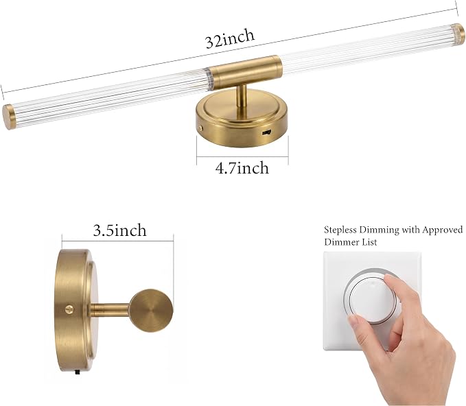 URSOLA 32" Modern LED Bathroom Light Fixtures, Golden 3CCT Dimmable Bathroom Vanity Light Over Mirror, Bathroom Vanity Bath Bar Lights with 360° Removable Acrylic Light Tube
