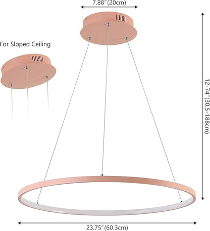 JONATHAN Y 23.75" Matte Pink Modern Integrated LED Pendant Light, Dimmable Round Hoop Chandelier for Kitchen Island, Dining Room, Adjustable Height Metal Hanging Light (JYL7203B)