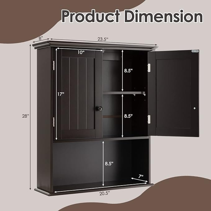 Tangkula Wall Mount Bathroom Cabinet Wooden Medicine Cabinet Storage Organizer with 2-Doors and 1-Shelf Cottage Collection Wall Cabinet (Espresso)