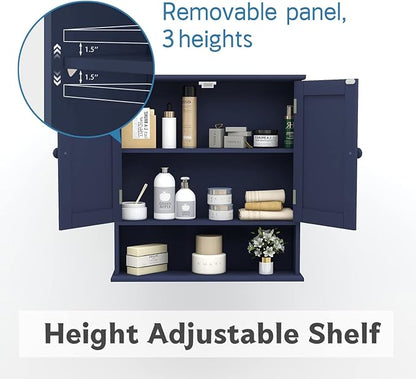 TaoHFE Blue Medicine Cabinet with Mirror, 2 Doors & 3 Open Shelves - Wall Mounted Wooden Storage Cabinet for Bathroom, Laundry or Kitchen