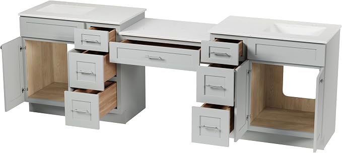 102" Bathroom Vanity with 6 Drawers, Carrara Quartz Top and Ceramic Sink, Shaker Style, Solid Wood Frame, 5 Piece Vanity with 3 Piece Countertop, 103" x 22"x35.25 (Gray)