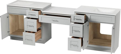 102" Bathroom Vanity with 6 Drawers, Carrara Quartz Top and Ceramic Sink, Shaker Style, Solid Wood Frame, 5 Piece Vanity with 3 Piece Countertop, 103" x 22"x35.25 (Gray)