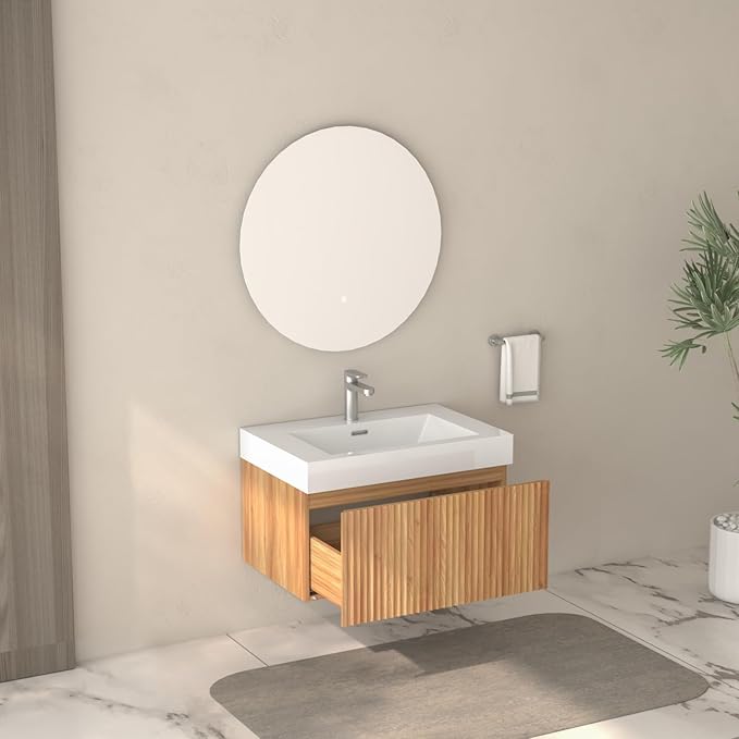 Floating Bathroom Vanity with Sink, Nature Soild Wood Cabinet with Ceramic Basin, Extra Large Storage Drawer & Pre-Assembled Vanities for Bathroom, Powder Room (Nature C Style, 30“)