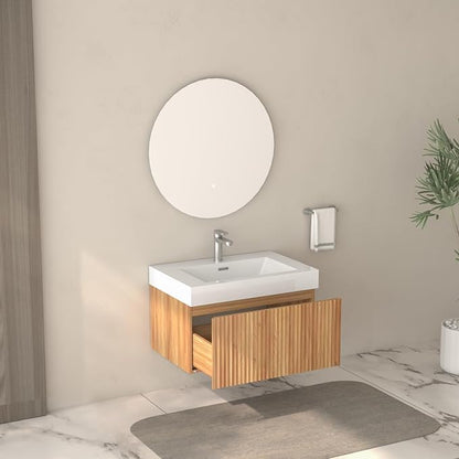 Floating Bathroom Vanity with Sink, Nature Soild Wood Cabinet with Ceramic Basin, Extra Large Storage Drawer & Pre-Assembled Vanities for Bathroom, Powder Room (Nature C Style, 30“)