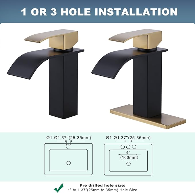 Black and Gold Bathroom Faucet, ARCORA Waterfall Faucet for Bathroom Sink Single Handle Mixer Tap Lavatory Vanity Faucet with Deck Plate and Pop Up Drain, 1 or 3 Hole