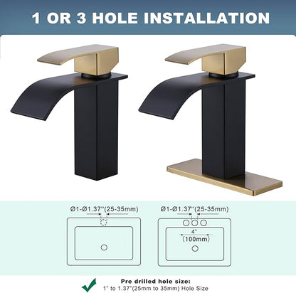 Black and Gold Bathroom Faucet, ARCORA Waterfall Faucet for Bathroom Sink Single Handle Mixer Tap Lavatory Vanity Faucet with Deck Plate and Pop Up Drain, 1 or 3 Hole