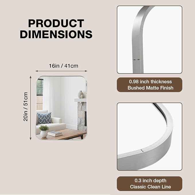 16"x20" Bathroom Mirror for Over Sink, Brushed Nickel Vanity Mirror | Aluminum Alloy Frame, Clear Reflection, Rust-Resistant, Vertical or Horizontal, Wall Mount, Bedroom and Entryway