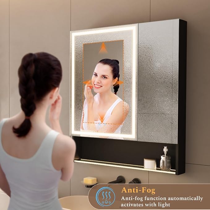 30"×34" Lighted Medicine Mirror Cabinet with Storage Adjustable Brightness 3 Color Temperature Lighting Anti-Fog Sturdy Aluminum Medicine Cabinet with Lights 2 Socket & 2 USB Ports & Adjustable Shelf