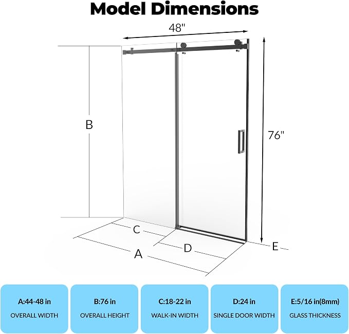 44-48" W x 76" H Frameless Sliding Shower Door，5/16" Thick Tempered Clear Glass with Explosion-Proof Film,Easy-to-Clean Coating,Handle and Seal Strip, Matte Black