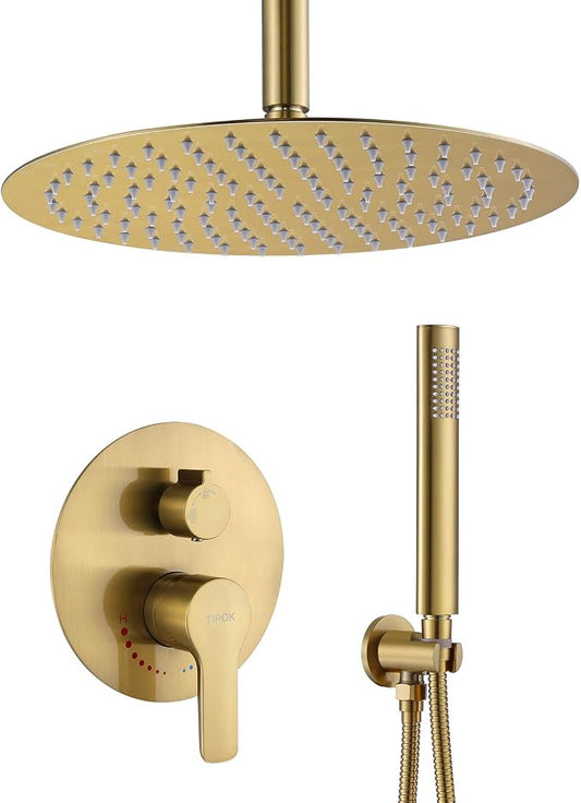 TIPOK Brushed Gold Shower Fixture with 10 Inch Round Shower Head and Handheld Bathroom Golden Rain Shower Faucet Set Contain Brass Rough-in Valve and Trim Kit, Ceiling Mount Gold Shower System