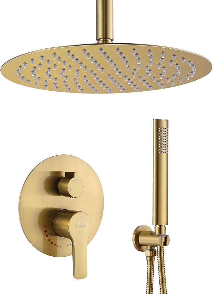 Ceiling Brushed Gold Shower System, Shower Faucet Set Has 12 Inch Round Gold Rain Shower Head With Handheld and Valve, TIPOK Brush Gold Rainfall Shower Head System for Bathroom