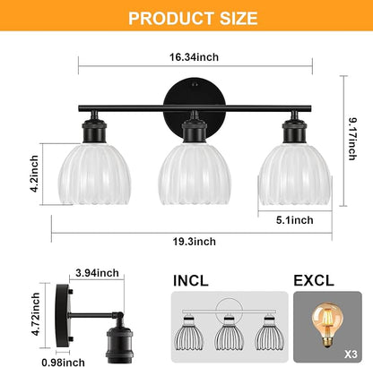 Bathroom Light Fixtures, 3-Light Brushed Black Vanity Lights for Bathroom with White Tulip Glass Shade, 20" Vintage Bathroom Vanity Lighting Fixtures Over Mirror for Bedroom Living Room Hallway