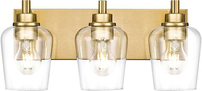 Bathroom Light Fixtures, 3-Light Modern Vanity Light with Clear Glass Wine Glass-Shaped Shade, Vanity Lighting Fixtures Over Mirror, Brushed Gold, VL155-BG-3