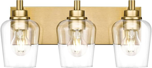 Bathroom Light Fixtures, 3-Light Modern Vanity Light with Clear Glass Wine Glass-Shaped Shade, Vanity Lighting Fixtures Over Mirror, Brushed Gold, VL155-BG-3