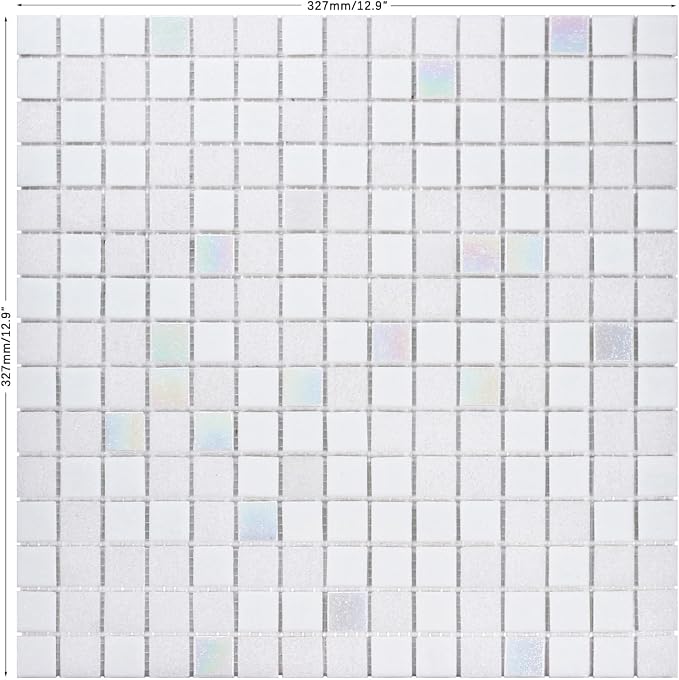 11.5sq.ft Iridescent White Glass Mosaic Tile for Bathroom, Pool, Backsplash | Waterproof Wall & Floor Tile. Heat & frost resistant outdoors. Mesh-mounted easy install. Use any grout. Easy clean. 10pcs.