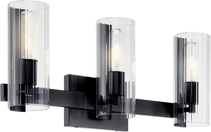 Kichler Jemsa 3 Light Vanity, Modern Light with Clear Fluted Glass in Black for Bathroom or Powder Room (9.75" x 22.75"), 55168BK