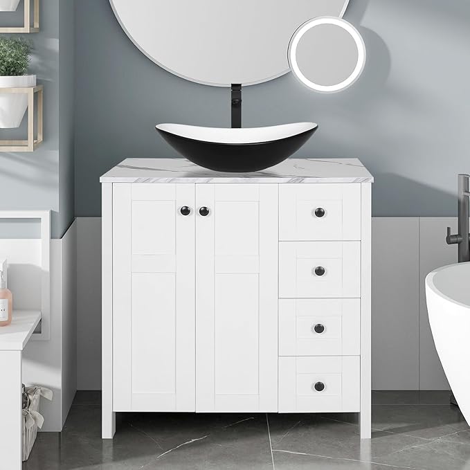 32 Inches White Bathroom Vanity with Marble Texture Top and 4 Drawers, Modern Standing Pedestal Cabinet with Black and White Boat Ceramic Sink