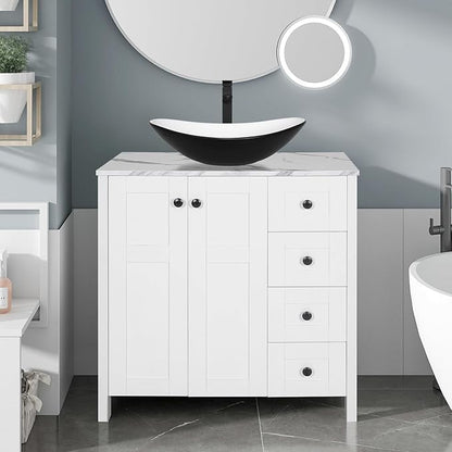 32 Inches White Bathroom Vanity with Marble Texture Top and 4 Drawers, Modern Standing Pedestal Cabinet with Black and White Boat Ceramic Sink