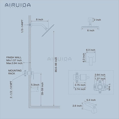 Airuida 6 Inch Shower Faucet Set,Bathtub Faucet Kit,Matte Black | Shower Tub Faucet Set,Male Threads Rough-In Valve,Square Head Shower System