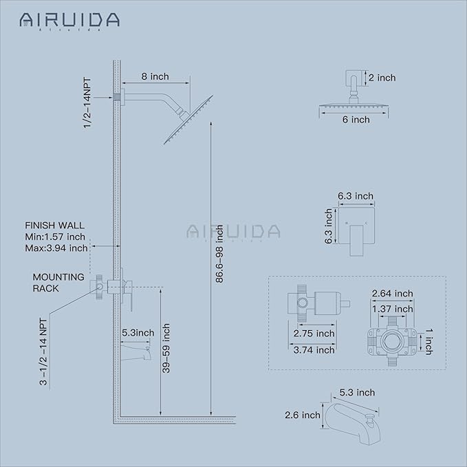 Airuida 6 Inch Shower Faucet Set,Bathtub Faucet Kit,Chrome Polish | Shower Tub Faucet Set,Male Threads Rough-In Valve,Square Head Shower System
