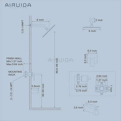Airuida 6 Inch Shower Faucet Set,Bathtub Faucet Kit,Chrome Polish | Shower Tub Faucet Set,Male Threads Rough-In Valve,Square Head Shower System