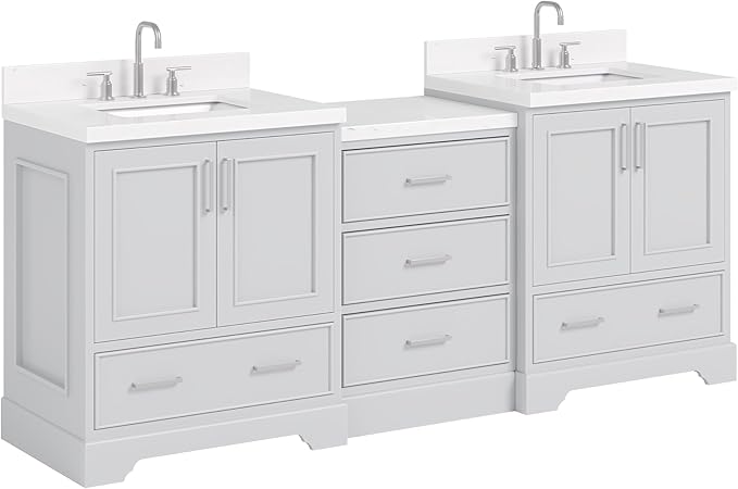 ARIEL Stafford 84-inch Bathroom Vanity with Sink,Solid Wood, 1.5in Carrara White Quartz Countertop & Backsplash, Double Rectangular Porcelain Sink, 4 Soft Closing Doors, 5 Dovetail Drawers, Grey