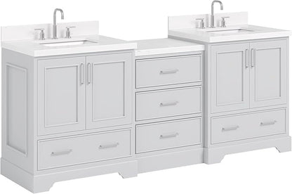 ARIEL Stafford 84-inch Bathroom Vanity with Sink,Solid Wood, 1.5in Carrara White Quartz Countertop & Backsplash, Double Rectangular Porcelain Sink, 4 Soft Closing Doors, 5 Dovetail Drawers, Grey