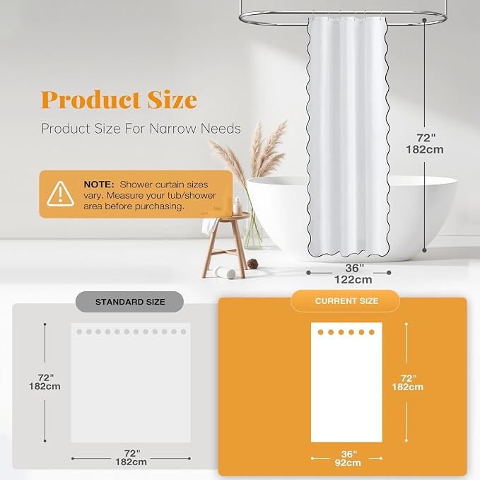 BTTN Stall Boho Scalloped Linen Textured Cloth Shower Curtain, 36x72, White | Half Size, 230GSM Waterproof Polyester, Heavy Duty Fabric, 6 Plastic Hooks, Elegant Modern Farmhouse Style, Machine Washable