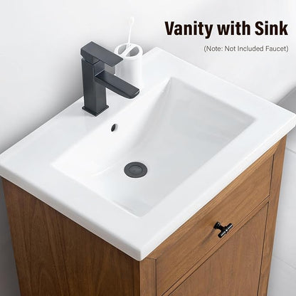 HOMEBEYOND 24" Bathroom Vanity with Single Sink & Ceramic Top, MDF Material Vanity Cabinet with Basin Combo, Soft-Closing Doors, Removable Shelf, Backsplash,Tan