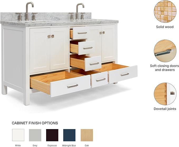 ARIEL Cambridge 60-inch Bathroom Vanity with Sink,Solid Wood, 1.5-inch Italian Carrara Marble Countertop, Double Rectangular Porcelain Sink, 4 Soft Closing Doors, 6 Dovetail Drawers, White