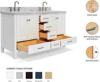 ARIEL Cambridge 60-inch Bathroom Vanity with Sink,Solid Wood, 1.5-inch Italian Carrara Marble Countertop, Double Rectangular Porcelain Sink, 4 Soft Closing Doors, 6 Dovetail Drawers, White