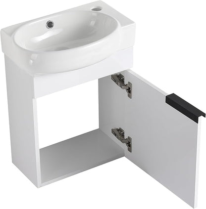 Malwee 16" Floating Bathroom Vanity, 16 Inch Single Sink Wall Mounted Bathroom Vanity, with 1 Door and White Ceramic Sink Top for Small Space, Modern Wall Hung Cabinet Storage (029-16GWH)