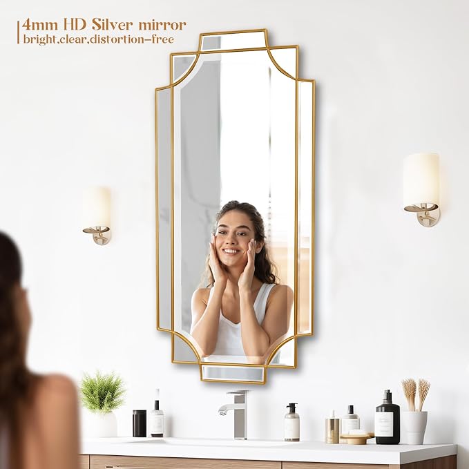 Gold Mirror for Wall, 24"x48" Large Decorative Mirrors for Wall Decor, Polished Bevelled Full Length Long Mirror for Living Room, Bathroom, Bedroom, Entryway