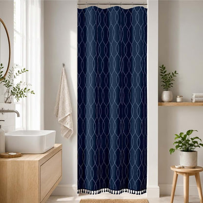 OVZME Navy Blue Stall Shower Curtain for Bathroom, Puff Printed Textured Shower Curtain with Tassels, Geometry Heavy Duty Vintage Country Narrow Bathroom Curtain, Water Resistant Fabric, 36Wx72L