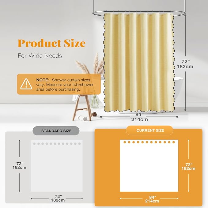 BTTN Boho Scalloped Linen Textured Cloth Shower Curtain Set, 72x84, Yellow | Tall Size, 230GSM Waterproof Polyester, Heavy Duty Fabric, 12 Plastic Hooks, Elegant Modern Farmhouse Style, Machine Washable