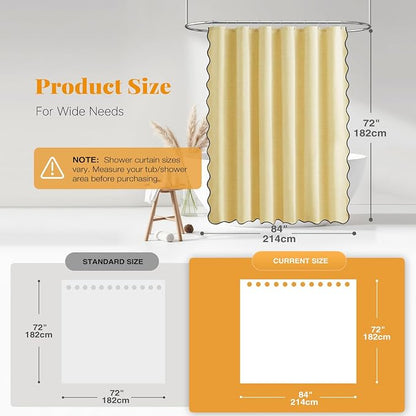 BTTN Boho Scalloped Linen Textured Cloth Shower Curtain Set, 72x84, Yellow | Tall Size, 230GSM Waterproof Polyester, Heavy Duty Fabric, 12 Plastic Hooks, Elegant Modern Farmhouse Style, Machine Washable