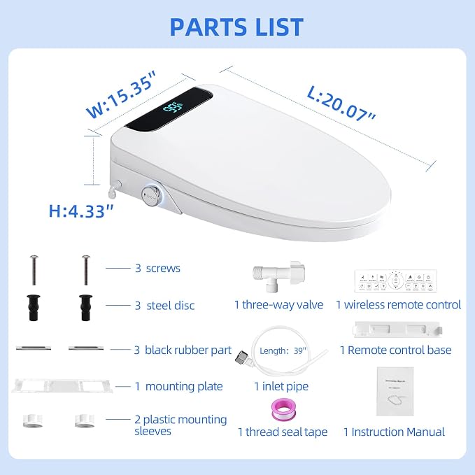 Electric Bidet Toilet Seat Elongated – Heated Seat, Warm Water & Dryer | Wireless Remote & Side Knob Dual Control, Self-Cleaning Nozzle, Slow-Close Lid, LED Display, Night Light, Easy DIY Install