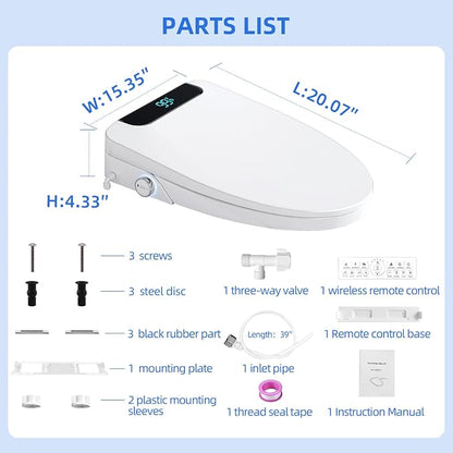 Electric Bidet Toilet Seat Elongated – Heated Seat, Warm Water & Dryer | Wireless Remote & Side Knob Dual Control, Self-Cleaning Nozzle, Slow-Close Lid, LED Display, Night Light, Easy DIY Install