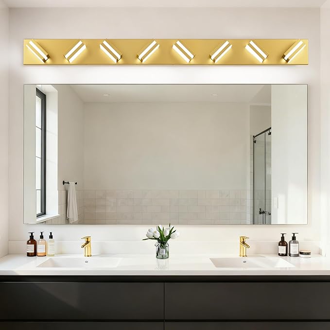 IZORRO LED Modern Bathroom Lights Fixtures(8-Light,Dimmable),Gold Acrylic Wall Lighting,Vanity Lights for Bathroom Over Mirror - 6000k 46In （No Assembly Required）