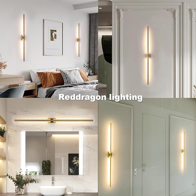 Only Suitable for Small Junction Box Set of 2 Dimmable Hardwired Linear Gold LED Wall Lamp 1-Gang Long 40 Inch Vanity Wall Sconce for Living Room Bedroom Bathroom Mirror (2 Pack, 40'', Gold, Dimmable)