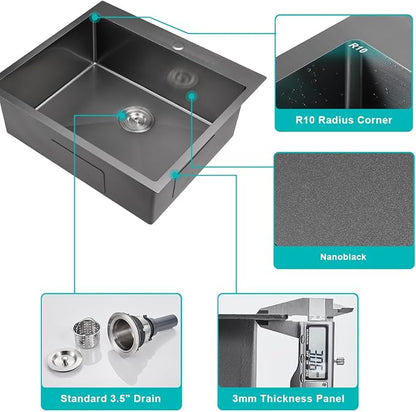 25 Inch Drop in Kitchen Sink Black 18 Gauge Stainless Steel | Single Bowl Single Hole Topmount Sink, 25"x22"x8.5" Large Basin for Family Kitchen, Bar and Prep Area