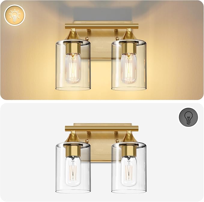Gold Vanity Lights for Bathroom,2-Light Bathroom Light Fixtures,Brushed Brass Gold Wall Sconce Lighting,Modern Wall Lamp for Mirror Bedroom Vanity Table Hallway