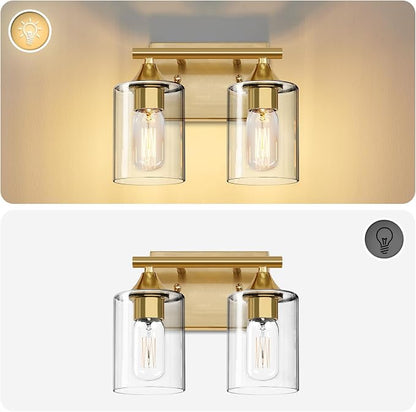 Gold Vanity Lights for Bathroom,2-Light Bathroom Light Fixtures,Brushed Brass Gold Wall Sconce Lighting,Modern Wall Lamp for Mirror Bedroom Vanity Table Hallway
