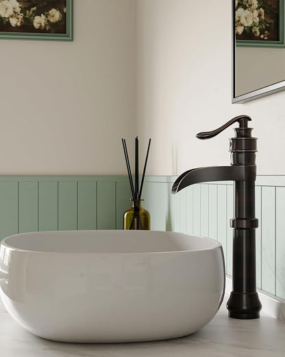 BWE Vessel Sink Faucet Waterfall Tall Oil Rubbed Bronze Bathroom Faucet | Single Hole One Handle Brass Countertop Lavatory Vanity Mixer Tap with Pop Up Drain and Supply Lines for RV Bar No Overflow
