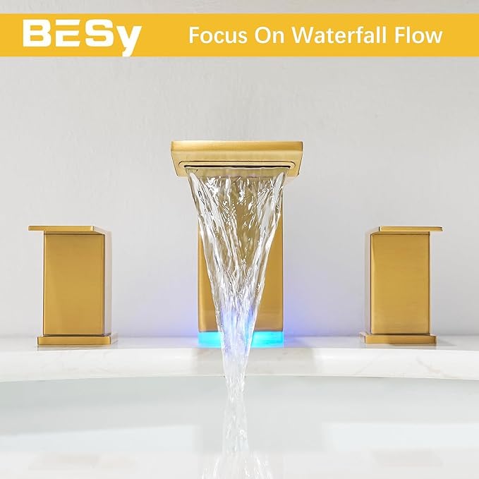 BESy Led 3 Hole Bathroom Sink Faucet, Brushed Gold Waterfall Wide Spread with 3 Colors Light Changing, Widespread Vanity Faucet 2 Handle with Supply Lines