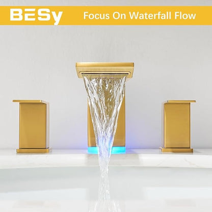 BESy Led 3 Hole Bathroom Sink Faucet, Brushed Gold Waterfall Wide Spread with 3 Colors Light Changing, Widespread Vanity Faucet 2 Handle with Supply Lines