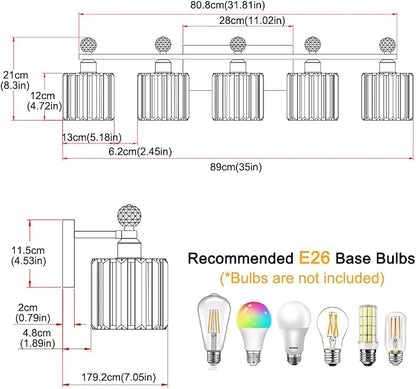 Bathroom Vanity Light Fixtures 5-lights, Gold Crystal Vanity Lights for Bath, Bathroom Lights Fixture with Clear Crystal Glass Shade, Modern Wall Light over Mirror, Wall Sconces Light for Hallway