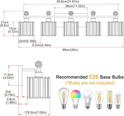 5 Light Black and Gold Vanity Light, Modern Crystal Bathroom Vanity Lighting Fixtures, Bath Wall Mount Lights with Clear Crystal Glass Shade, Wall Sconce Light for Mirror Bedroom Living Room, E26 Base