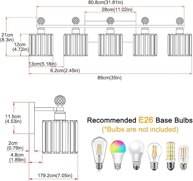 5 Light Black and Gold Vanity Light, Modern Crystal Bathroom Vanity Lighting Fixtures, Bath Wall Mount Lights with Clear Crystal Glass Shade, Wall Sconce Light for Mirror Bedroom Living Room, E26 Base